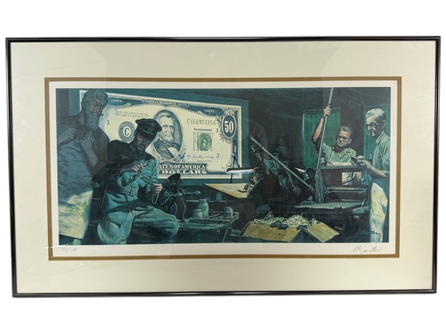 Mort Künstler 'The Money Game' Hand-Signed Limited Edition 132/150 Lithograph (Depicting Nazi Concentration Camp Prisoners Forced By The SS Into Printing Massive Caches Of High-Quality Counterfeit Currency) 13 X 26 Framed: 32 X 20