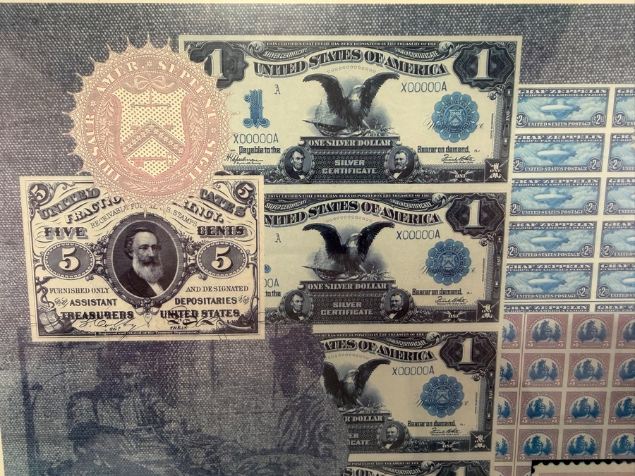 1987 Bureau of Engraving and Printing (BEP) 125th Anniversary Commemorative Exhibition Poster (Framed) Grouped with an Antique 1923 United States $1 'Ace' Silver Certificate Large-Size Banknote 18' X 25' [Photo 6]