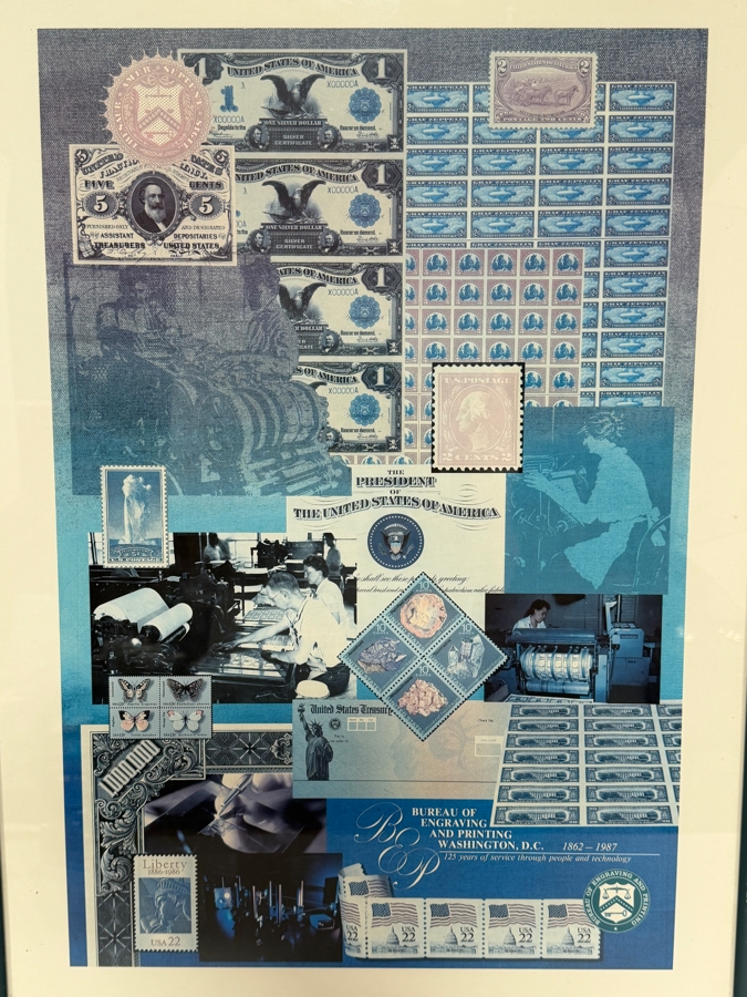 1987 Bureau of Engraving and Printing (BEP) 125th Anniversary Commemorative Exhibition Poster (Framed) Grouped with an Antique 1923 United States $1 'Ace' Silver Certificate Large-Size Banknote 18' X 25' [Photo 2]