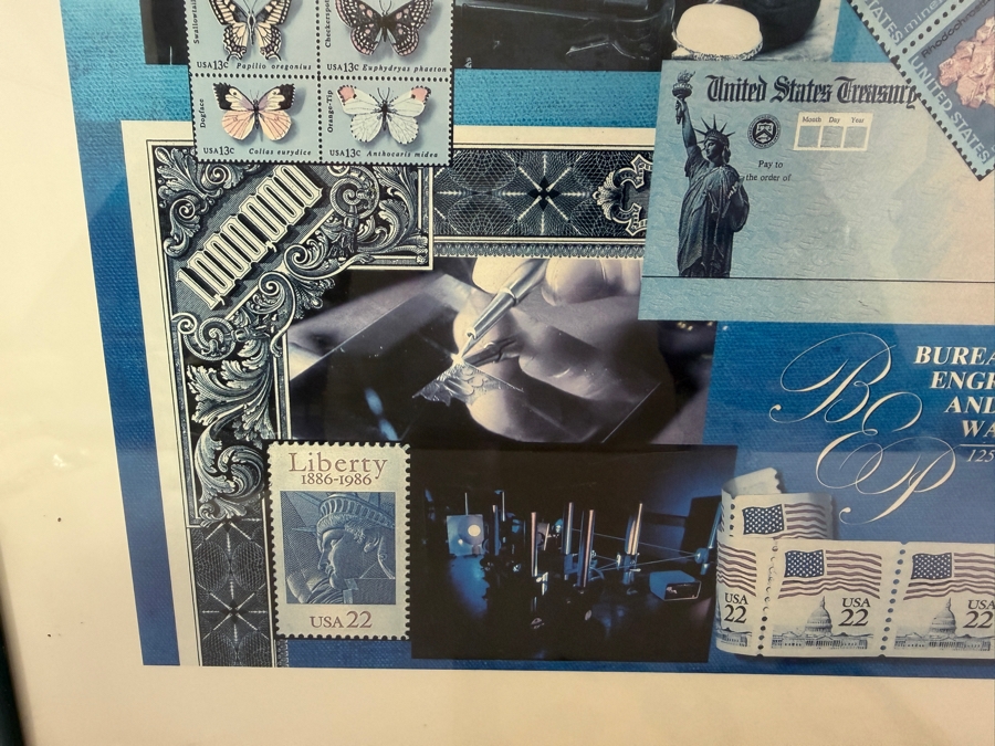 1987 Bureau of Engraving and Printing (BEP) 125th Anniversary Commemorative Exhibition Poster (Framed) Grouped with an Antique 1923 United States $1 'Ace' Silver Certificate Large-Size Banknote 18' X 25' [Photo 10]
