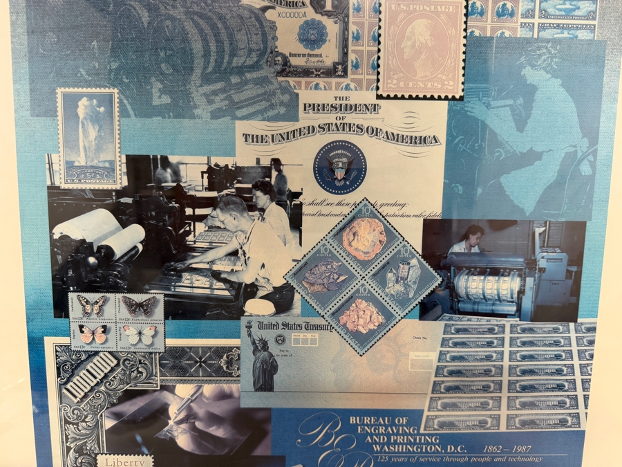 1987 Bureau of Engraving and Printing (BEP) 125th Anniversary Commemorative Exhibition Poster (Framed) Grouped with an Antique 1923 United States $1 'Ace' Silver Certificate Large-Size Banknote 18' X 25' [Photo 9]