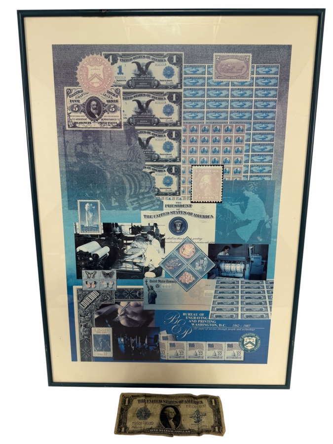 1987 Bureau of Engraving and Printing (BEP) 125th Anniversary Commemorative Exhibition Poster (Framed) Grouped with an Antique 1923 United States $1 'Ace' Silver Certificate Large-Size Banknote 18' X 25'