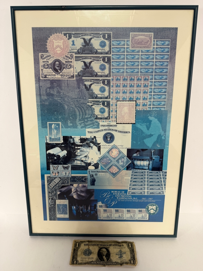 1987 Bureau of Engraving and Printing (BEP) 125th Anniversary Commemorative Exhibition Poster (Framed) Grouped with an Antique 1923 United States $1 'Ace' Silver Certificate Large-Size Banknote 18' X 25' [Photo 7]