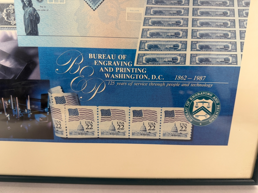 1987 Bureau of Engraving and Printing (BEP) 125th Anniversary Commemorative Exhibition Poster (Framed) Grouped with an Antique 1923 United States $1 'Ace' Silver Certificate Large-Size Banknote 18' X 25' [Photo 3]