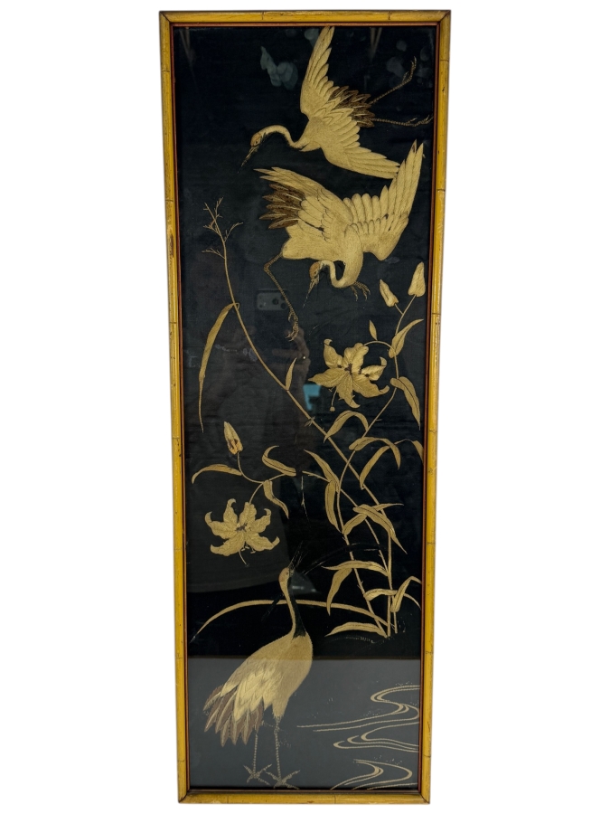 Vintage Chinese Couched Metallic Gold Thread Silk Embroidery Crane and Tiger Lily Wall Panel In A Faux Bamboo Giltwood Frame 12' X 35'