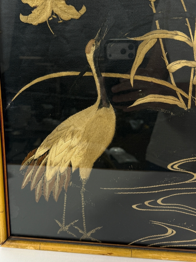 Vintage Chinese Couched Metallic Gold Thread Silk Embroidery Crane and Tiger Lily Wall Panel In A Faux Bamboo Giltwood Frame 12' X 35' [Photo 4]