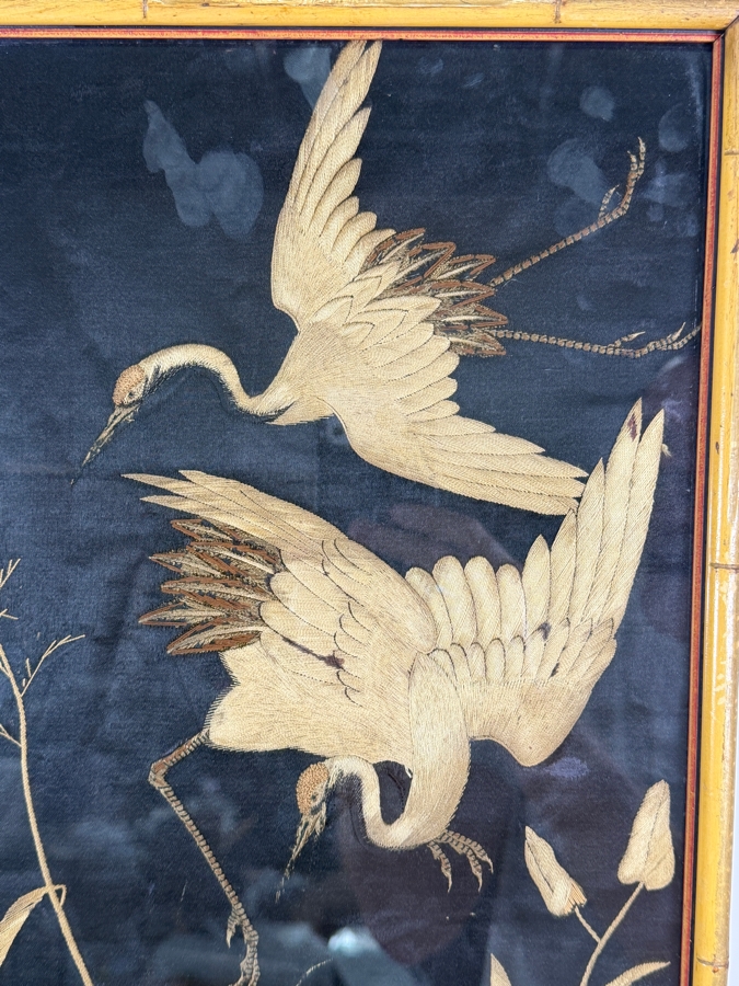 Vintage Chinese Couched Metallic Gold Thread Silk Embroidery Crane and Tiger Lily Wall Panel In A Faux Bamboo Giltwood Frame 12' X 35' [Photo 2]