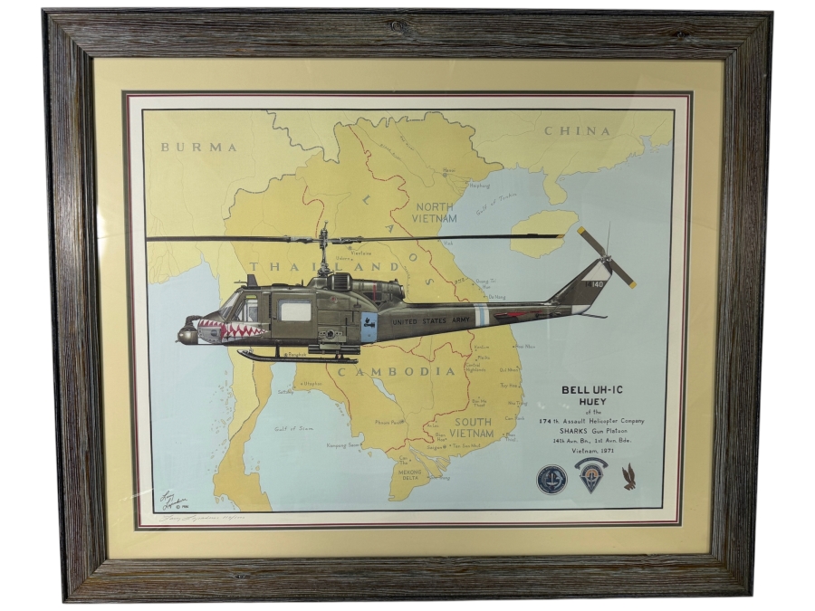Larry Capadura 'Bell UH-1C Huey — Sharks Gun Platoon' Hand-Signed Limited Edition 118/1000 Military Aviation Art Print 26' X 22' Framed: 35.5' X 30'