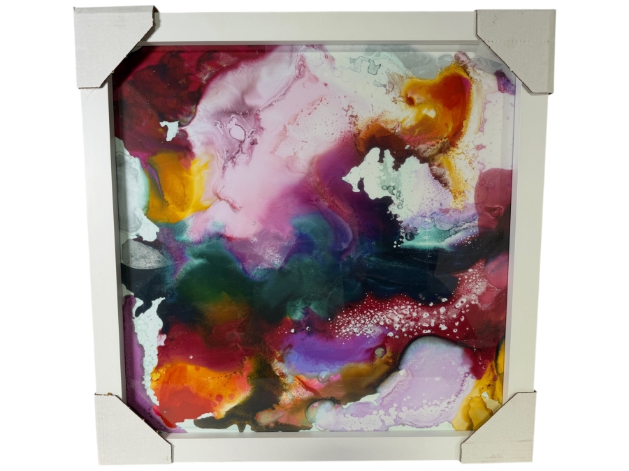 Z Gallerie 'Hide & Seek' Contemporary Square Polychrome Alcohol Ink Abstract Glazed Print In White Gallery Frame 27' X 27' Retail $200