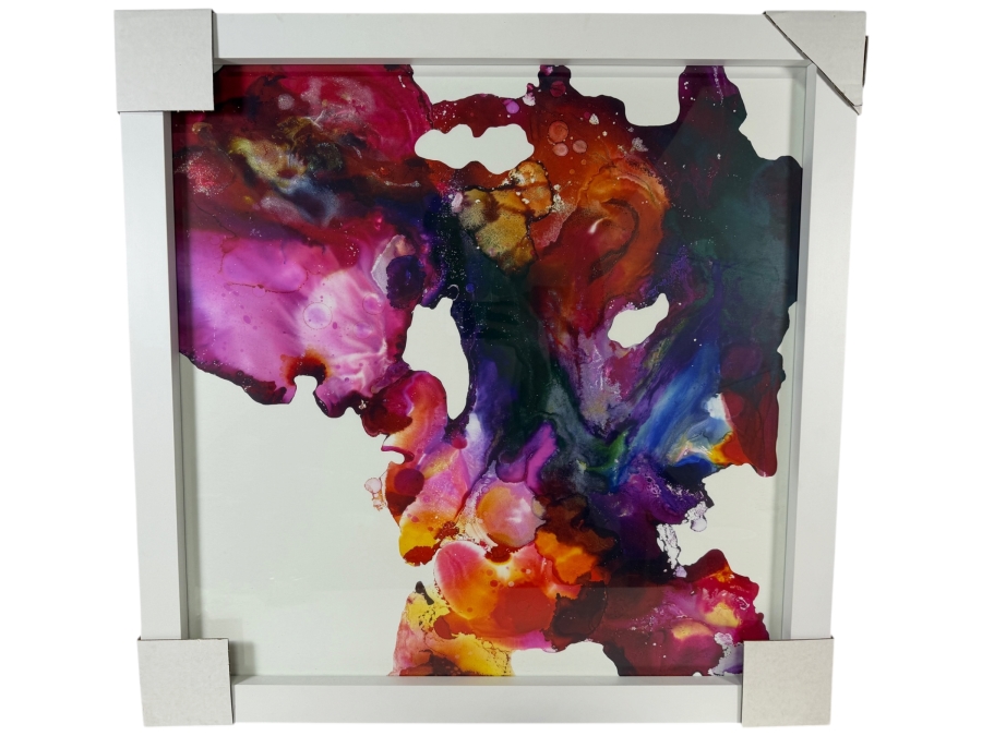 Z Gallerie 'At Creation' Contemporary Square Polychrome Alcohol Ink Abstract Glazed Print In White Gallery Frame 27' X 27' Retail $200