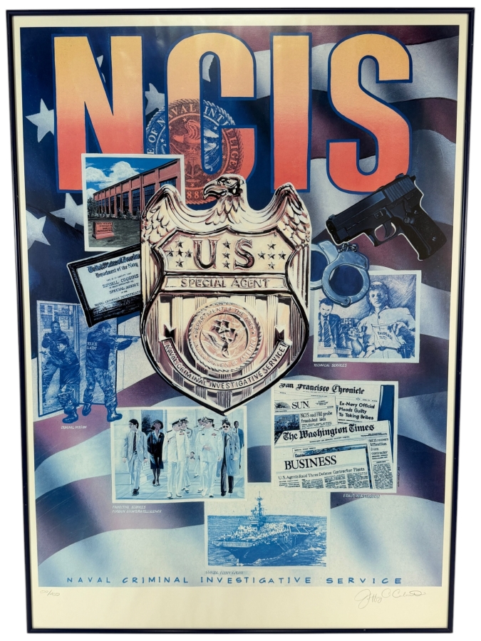 Naval Criminal Investigative Service (NCIS) Hand-Signed By Jeffrey C. Calandra Limited Edition 00/450 Commemorative History Collage Poster From The Estate Of Roy Nedrow, The 1st Director Of NCIS