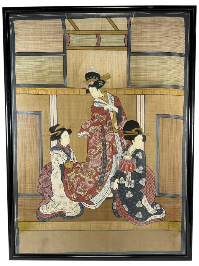 Large Vintage Japanese Ukiyo-e Style Hand-Painted Silk Textile Panel Depicting A Courtesan Oiran And Two Kamuro Attendants 31' X 42'