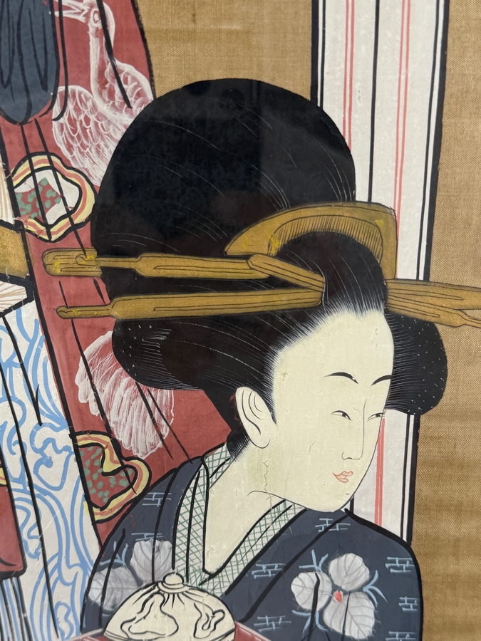 Large Vintage Japanese Ukiyo-e Style Hand-Painted Silk Textile Panel Depicting A Courtesan Oiran And Two Kamuro Attendants 31' X 42' [Photo 7]