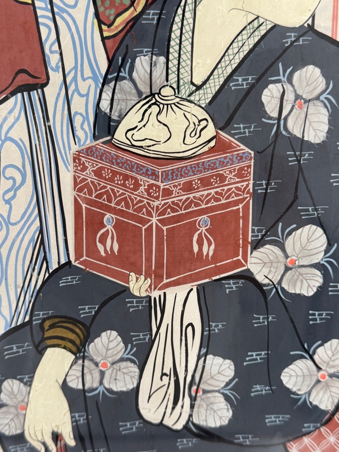 Large Vintage Japanese Ukiyo-e Style Hand-Painted Silk Textile Panel Depicting A Courtesan Oiran And Two Kamuro Attendants 31' X 42' [Photo 8]