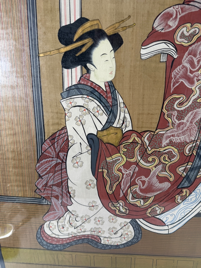 Large Vintage Japanese Ukiyo-e Style Hand-Painted Silk Textile Panel Depicting A Courtesan Oiran And Two Kamuro Attendants 31' X 42' [Photo 10]