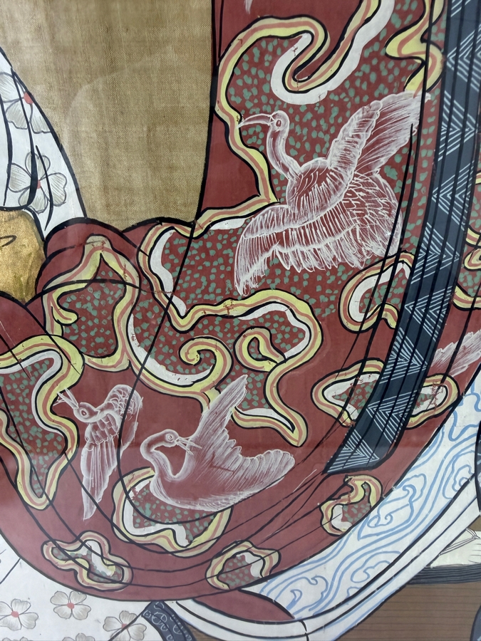 Large Vintage Japanese Ukiyo-e Style Hand-Painted Silk Textile Panel Depicting A Courtesan Oiran And Two Kamuro Attendants 31' X 42' [Photo 11]