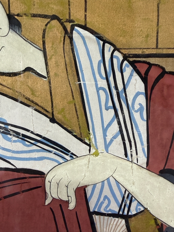 Large Vintage Japanese Ukiyo-e Style Hand-Painted Silk Textile Panel Depicting A Courtesan Oiran And Two Kamuro Attendants 31' X 42' [Photo 5]