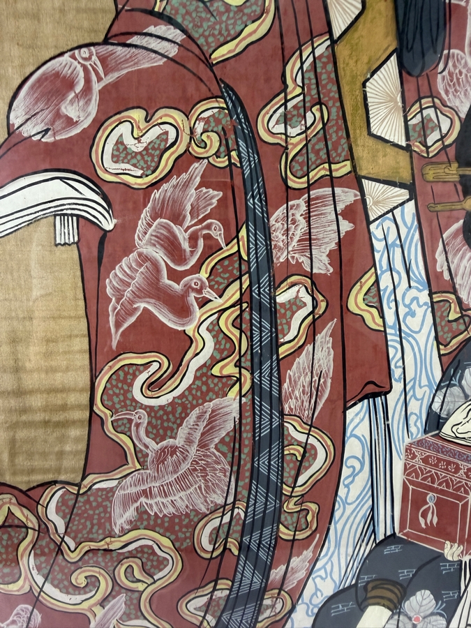 Large Vintage Japanese Ukiyo-e Style Hand-Painted Silk Textile Panel Depicting A Courtesan Oiran And Two Kamuro Attendants 31' X 42' [Photo 12]
