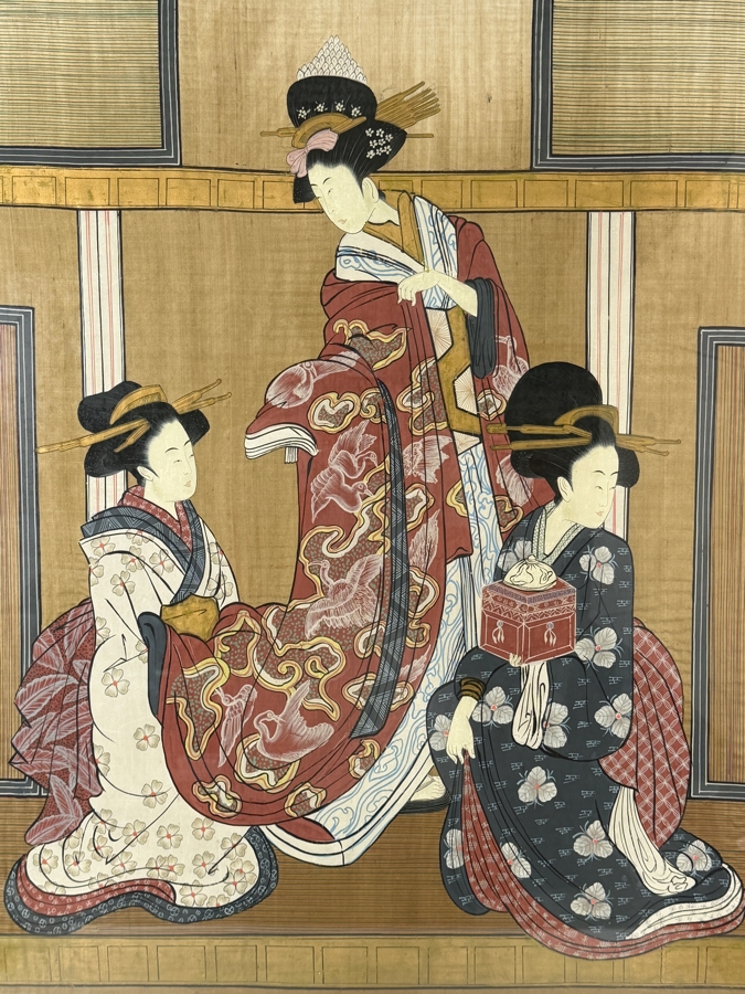 Large Vintage Japanese Ukiyo-e Style Hand-Painted Silk Textile Panel Depicting A Courtesan Oiran And Two Kamuro Attendants 31' X 42' [Photo 3]