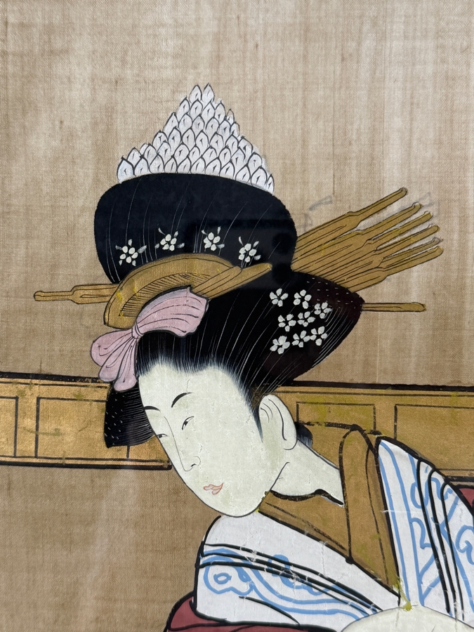 Large Vintage Japanese Ukiyo-e Style Hand-Painted Silk Textile Panel Depicting A Courtesan Oiran And Two Kamuro Attendants 31' X 42' [Photo 4]