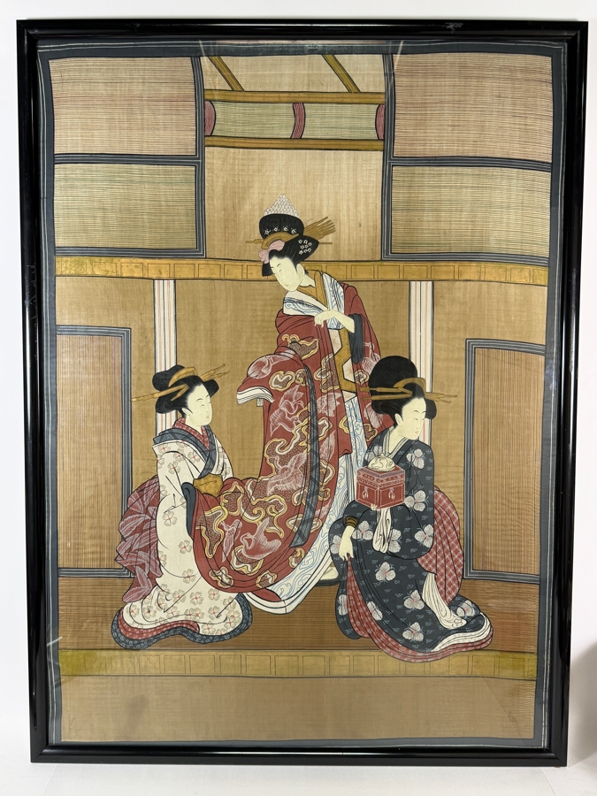 Large Vintage Japanese Ukiyo-e Style Hand-Painted Silk Textile Panel Depicting A Courtesan Oiran And Two Kamuro Attendants 31' X 42' [Photo 2]