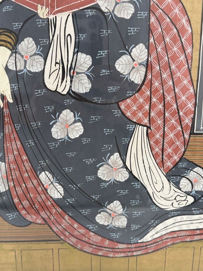 Large Vintage Japanese Ukiyo-e Style Hand-Painted Silk Textile Panel Depicting A Courtesan Oiran And Two Kamuro Attendants 31' X 42' [Photo 9]