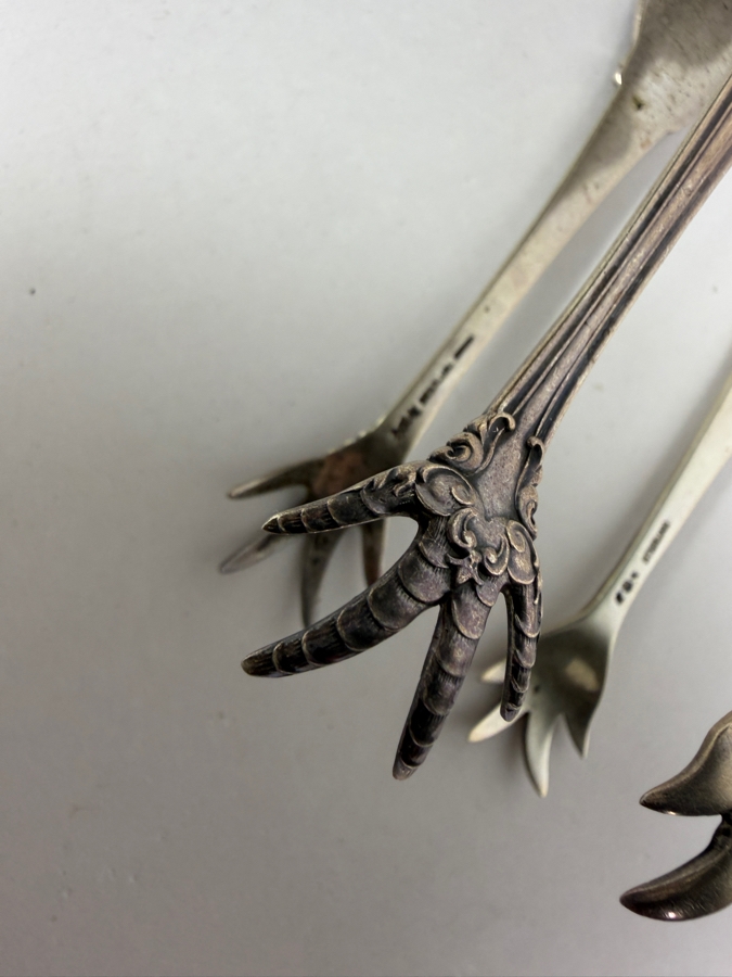 Pair Of Vintage Solid Sterling Silver Sugar Or Individual Ice Tongs Featuring Bird Talon Claws 59.8g [Photo 4]