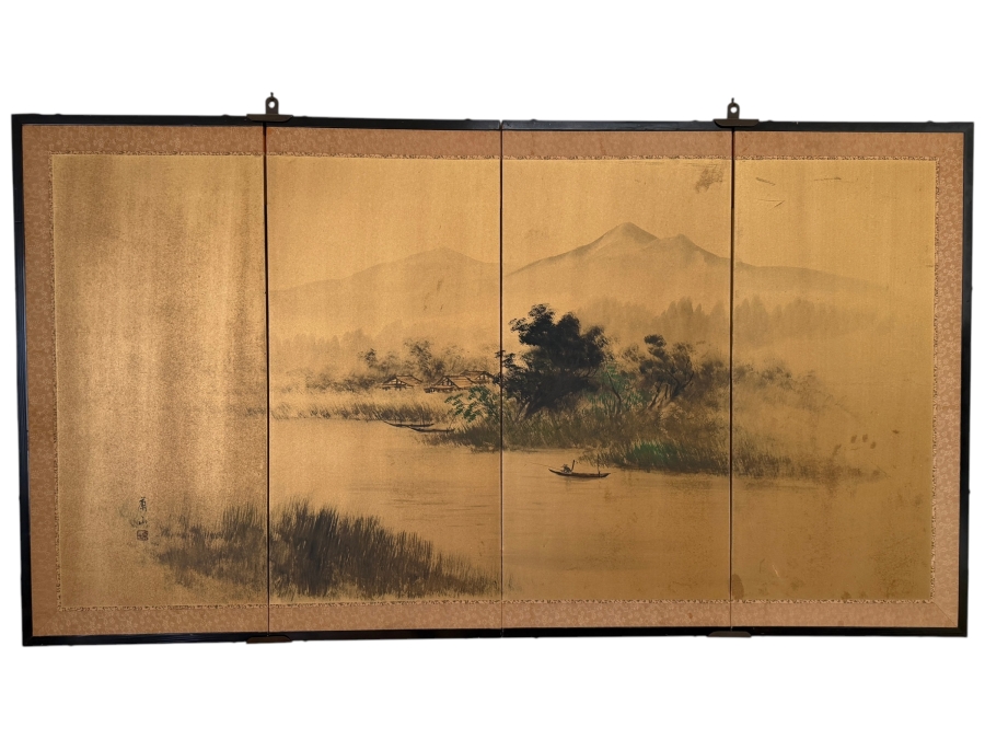 Vintage Japanese Four-Panel Byōbu Gilt Folding Screen Depicting A Misty River Landscape Hand-Signed By Shunzan 50' X 36.5'