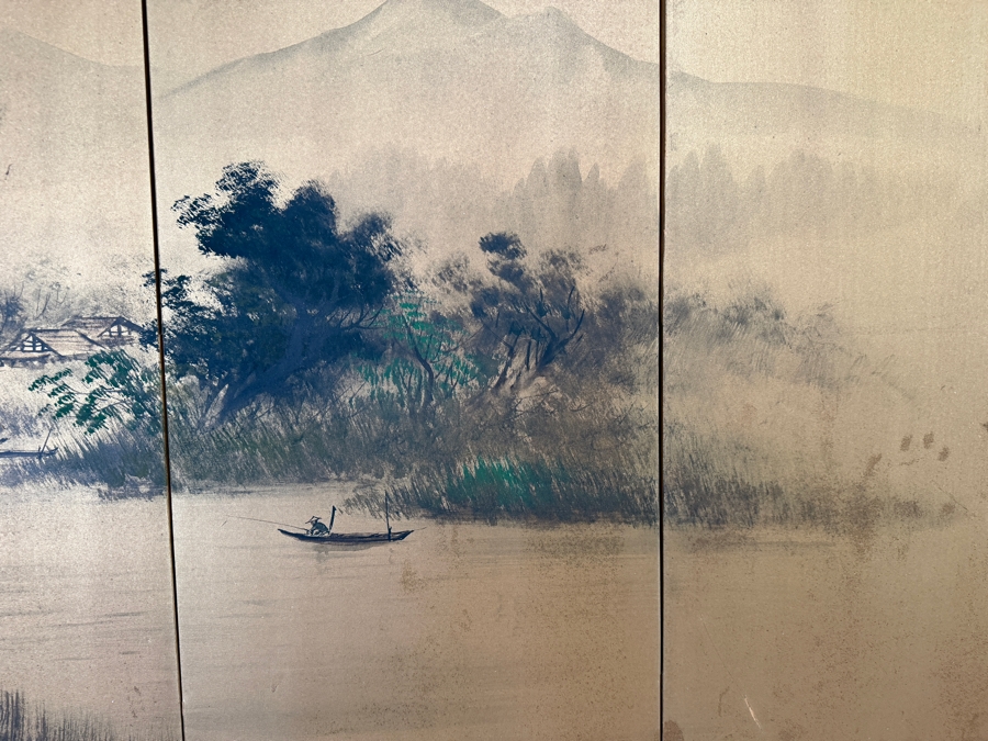 Vintage Japanese Four-Panel Byōbu Gilt Folding Screen Depicting A Misty River Landscape Hand-Signed By Shunzan 50' X 36.5' [Photo 3]