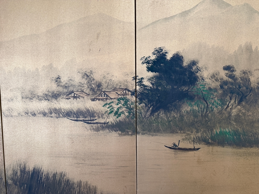 Vintage Japanese Four-Panel Byōbu Gilt Folding Screen Depicting A Misty River Landscape Hand-Signed By Shunzan 50' X 36.5' [Photo 2]