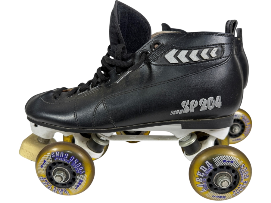 Vintage Pacer SP204 Black Leather Quad Speed Skates Outfitted With Labeda Young Guns Wheels Mens Size 8