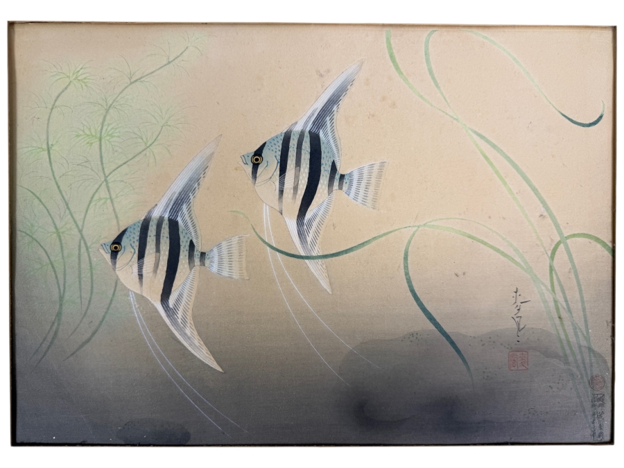 Vintage Japanese Nihonga Style Silk Painting Depicting Angelfish Hand-Signed By Keizan 15' X 10.5'