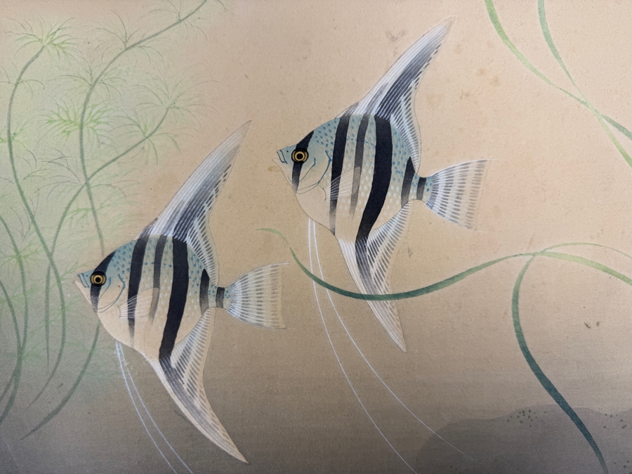 Vintage Japanese Nihonga Style Silk Painting Depicting Angelfish Hand-Signed By Keizan 15' X 10.5' [Photo 3]