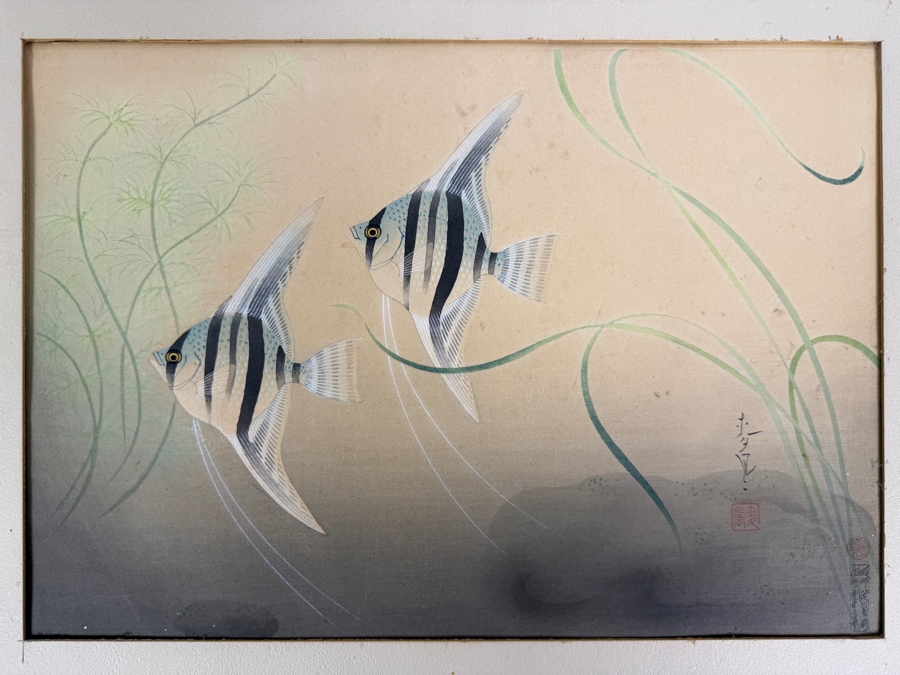 Vintage Japanese Nihonga Style Silk Painting Depicting Angelfish Hand-Signed By Keizan 15' X 10.5' [Photo 2]