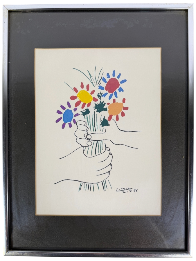 Pablo Picasso 'Bouquet of Peace' (Fleurs et Mains) Color Lithograph Print Featuring Facsimile Plate Signature and Date 21.4.58 8' X 11' Framed: 12' X 16'