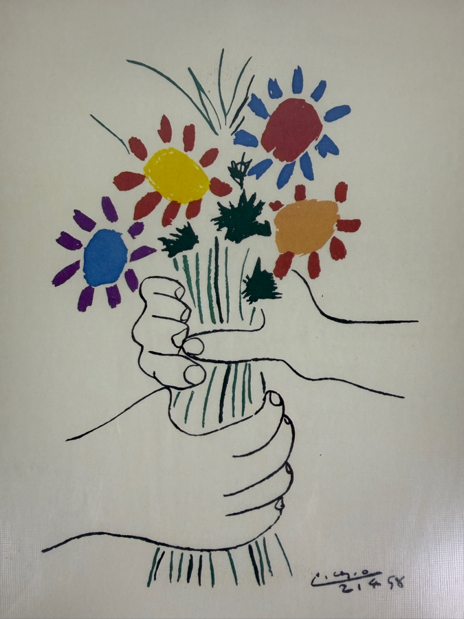 Pablo Picasso 'Bouquet of Peace' (Fleurs et Mains) Color Lithograph Print Featuring Facsimile Plate Signature and Date 21.4.58 8' X 11' Framed: 12' X 16' [Photo 3]