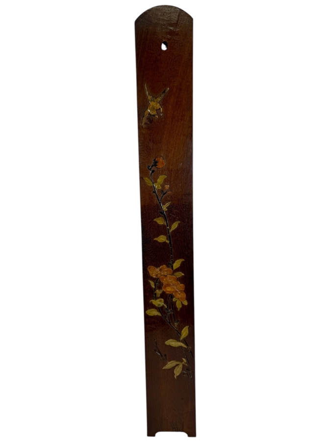 Vintage Chinese Hardstone and Soapstone Inlaid Rosewood Wall Panel Depicting a Songbird and Blossoming Branches 3.75' X 29.75'