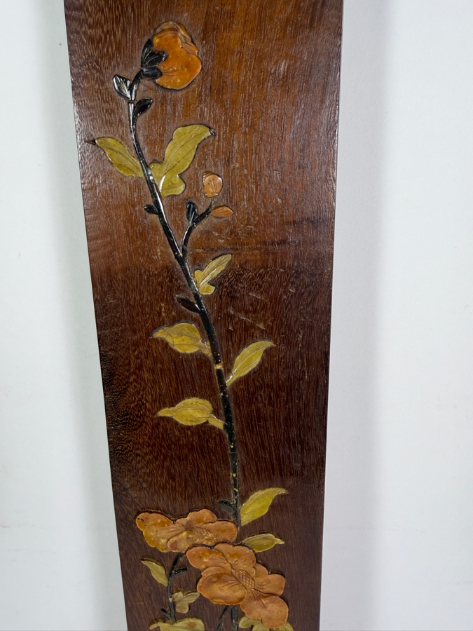 Vintage Chinese Hardstone and Soapstone Inlaid Rosewood Wall Panel Depicting a Songbird and Blossoming Branches 3.75' X 29.75' [Photo 4]