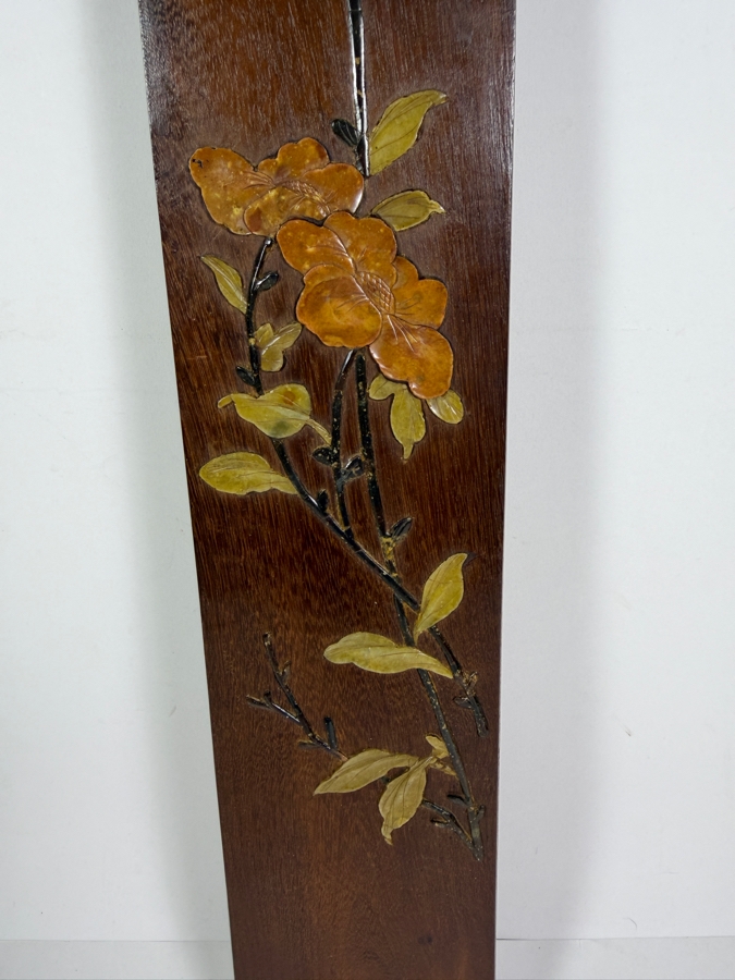 Vintage Chinese Hardstone and Soapstone Inlaid Rosewood Wall Panel Depicting a Songbird and Blossoming Branches 3.75' X 29.75' [Photo 5]