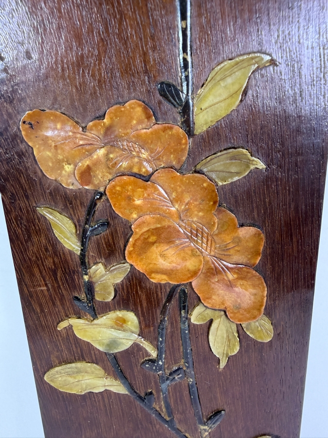 Vintage Chinese Hardstone and Soapstone Inlaid Rosewood Wall Panel Depicting a Songbird and Blossoming Branches 3.75' X 29.75' [Photo 6]