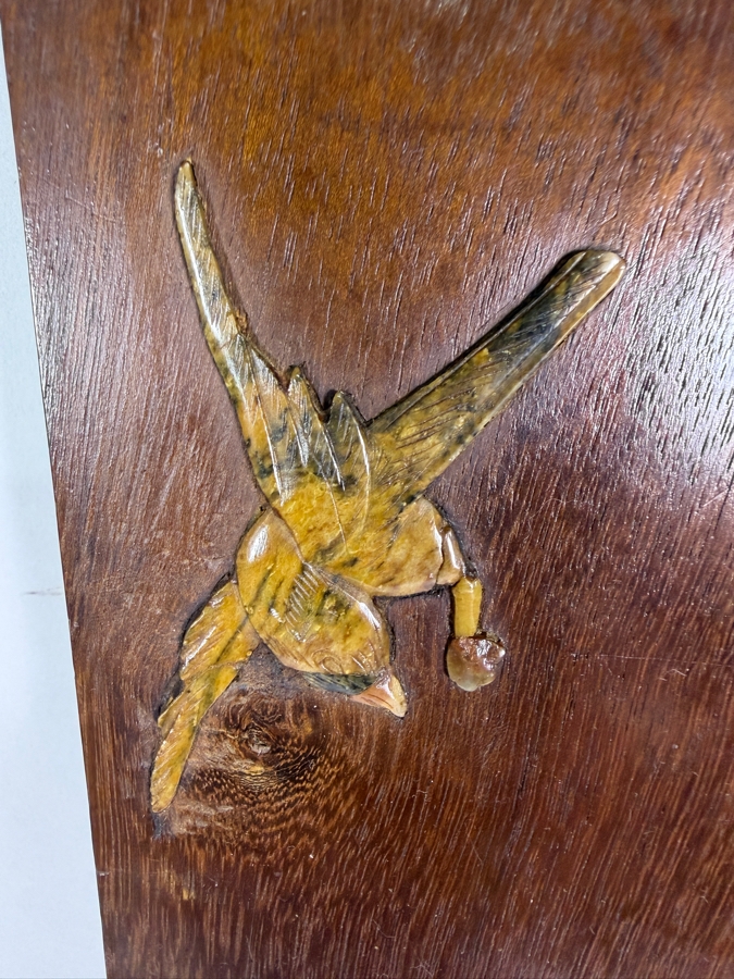 Vintage Chinese Hardstone and Soapstone Inlaid Rosewood Wall Panel Depicting a Songbird and Blossoming Branches 3.75' X 29.75' [Photo 3]
