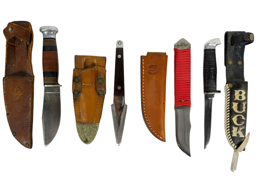 Collection of Four Vintage Custom and Factory Fixed-Blade Knives (Including Parker, Case, Anza Bastard File, and Stiletto Throwing Dagger)