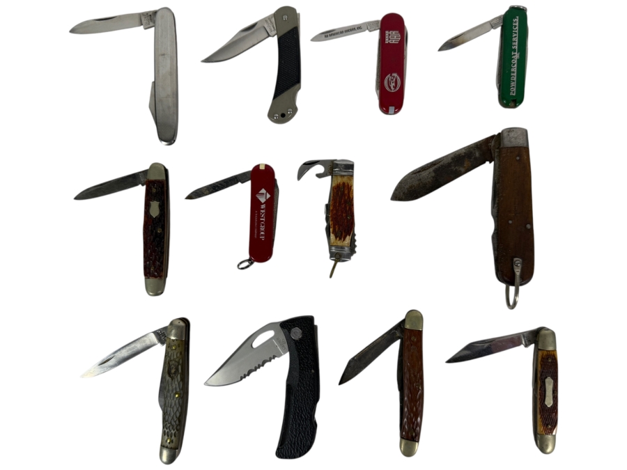 Collection of Twelve Vintage and Contemporary Pocket Knives (Including Swiss Army, Colonial, Advertising, and Barlow Styles)