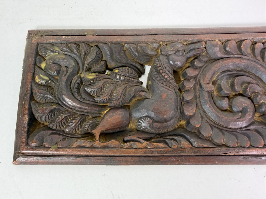 Vintage Southeast Asian Deeply Hand-Carved Wooden Architectural Wall Frieze Panel Depicting a Central Urn and Mythological Creatures [Photo 4]
