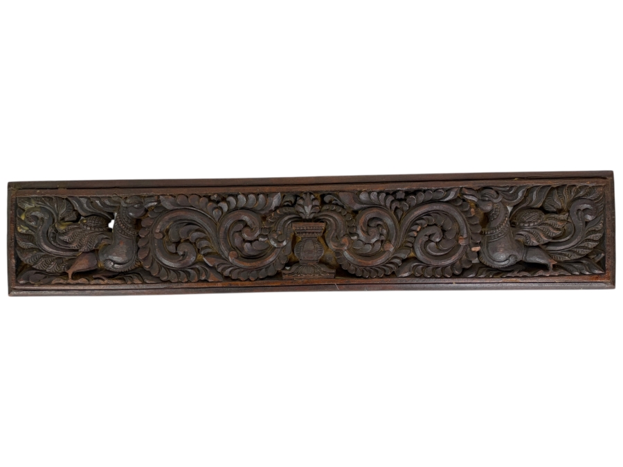 Vintage Southeast Asian Deeply Hand-Carved Wooden Architectural Wall Frieze Panel Depicting a Central Urn and Mythological Creatures