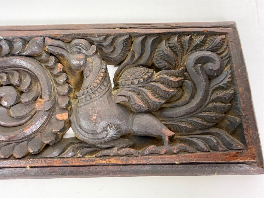 Vintage Southeast Asian Deeply Hand-Carved Wooden Architectural Wall Frieze Panel Depicting a Central Urn and Mythological Creatures [Photo 2]