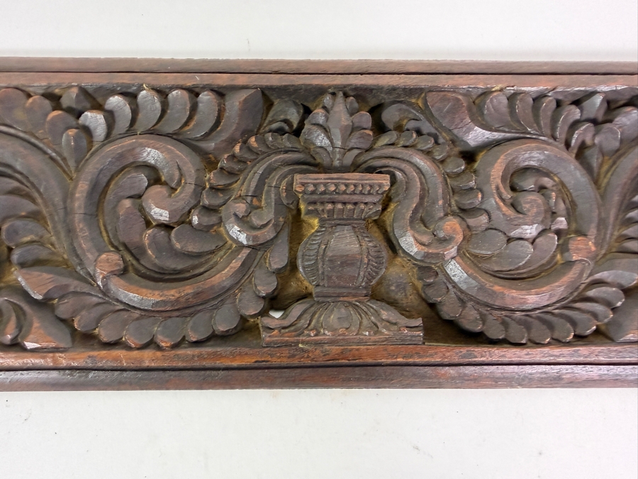 Vintage Southeast Asian Deeply Hand-Carved Wooden Architectural Wall Frieze Panel Depicting a Central Urn and Mythological Creatures [Photo 3]