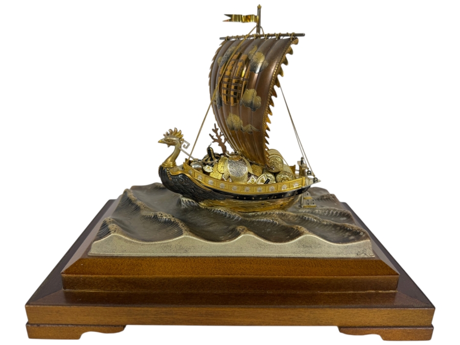 Japanese Silver Plate Lucky Treasure Ship With Protective Glass Covering 8.5'W X 6'D X 8.75'H