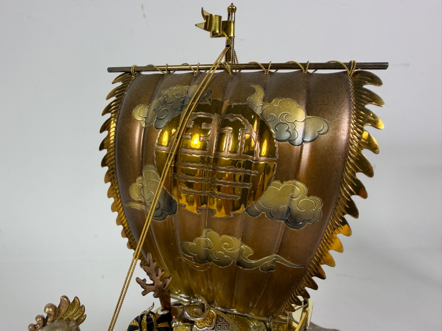 Japanese Silver Plate Lucky Treasure Ship With Protective Glass Covering 8.5'W X 6'D X 8.75'H [Photo 5]