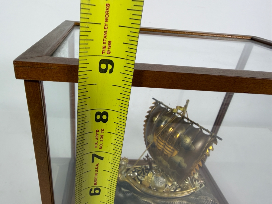 Japanese Silver Plate Lucky Treasure Ship With Protective Glass Covering 8.5'W X 6'D X 8.75'H [Photo 11]